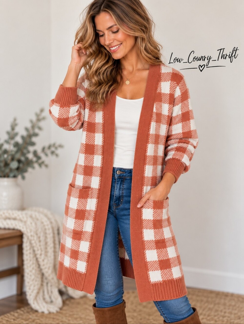 Kirundo Size L Orange Cream Buffalo Plaid Duster Cardigan